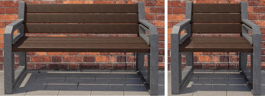 Banc et fauteuil extérieur pour seniors en plastique recyclé.
