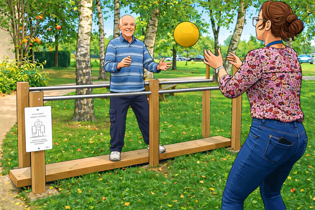 Exercice d'équilibre en EHPAD.