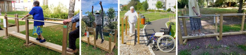 Exercice d’équilibre en marchant sur une poutre pour la prévention des chutes chez la personne âgée