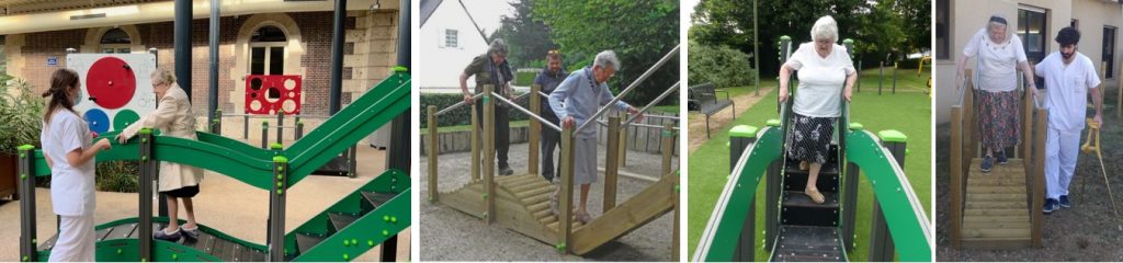 Exercice de franchissement avec pente, dévers et escalier pour la prévention des chutes chez la personne âgée