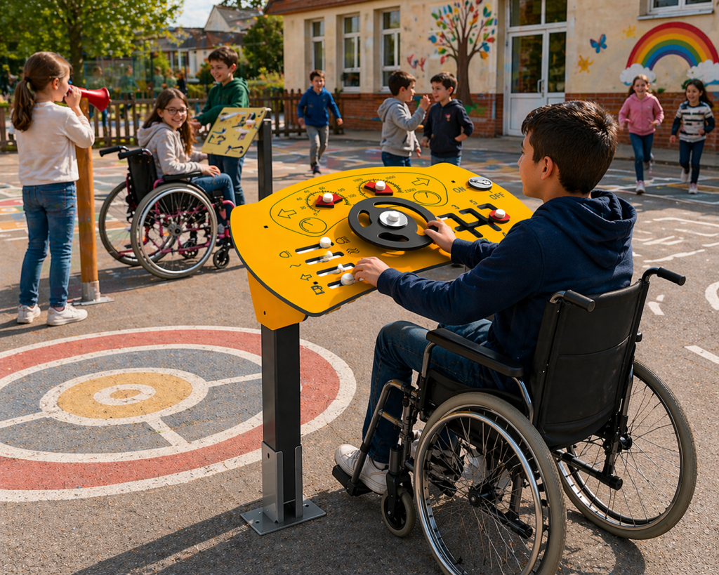 Jeu inclusif pour enfants accessible PMR en cour d’école